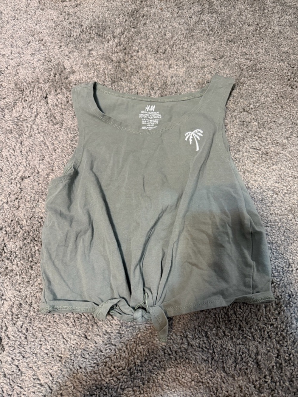 H&M Olive Tie-Knot Crop Tank Top with Palm Embroidery
